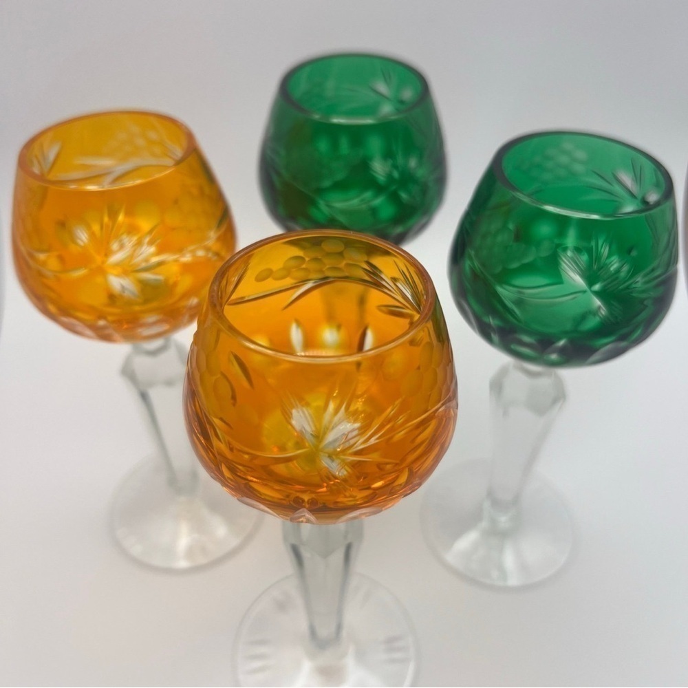 Handblown Crystal Cordial Glasses, Emerald Green and Orange - Picture 4 of 11